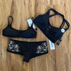 Hurley womens 3 pc bikini set boyshort/hipster bottom & black top XS/S NWT NEW